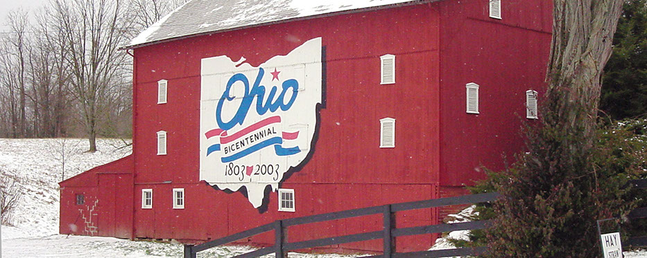 Ohio Bicentennial logo painted on red barn