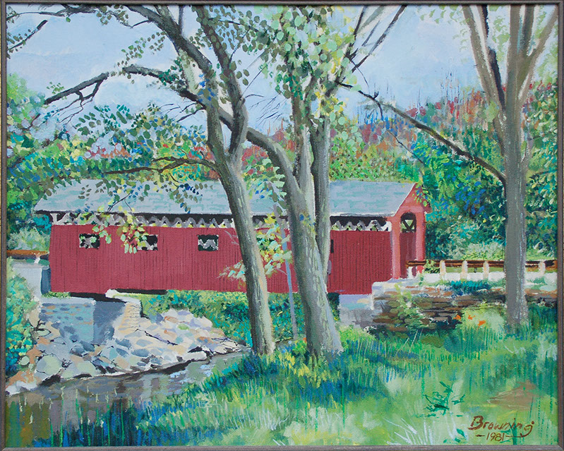 The covered bridge in Arlington, Vermont Acrylic on canvass painting by David Browning. 1981