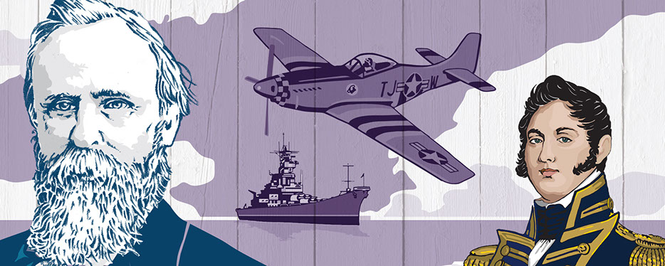 Collage illustration of President Rutherfoord B. Hayes, Commador Oliver Hazard Perry and U.S. World War 2 fighter plane and ship.