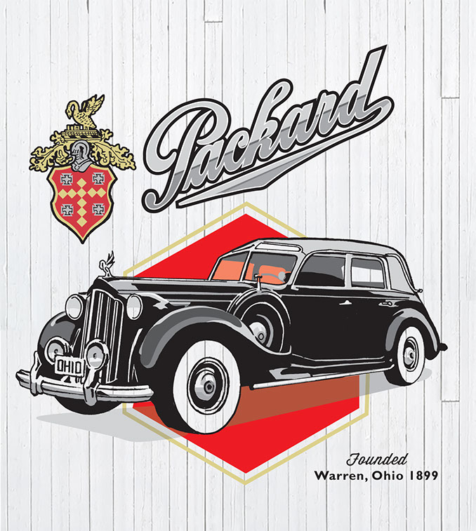 PAckard. Founded Warren, Ohio 1899. Illustration of Packard automobile image for historic barn project